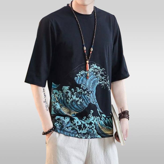 T-shirt vague hokusai noir