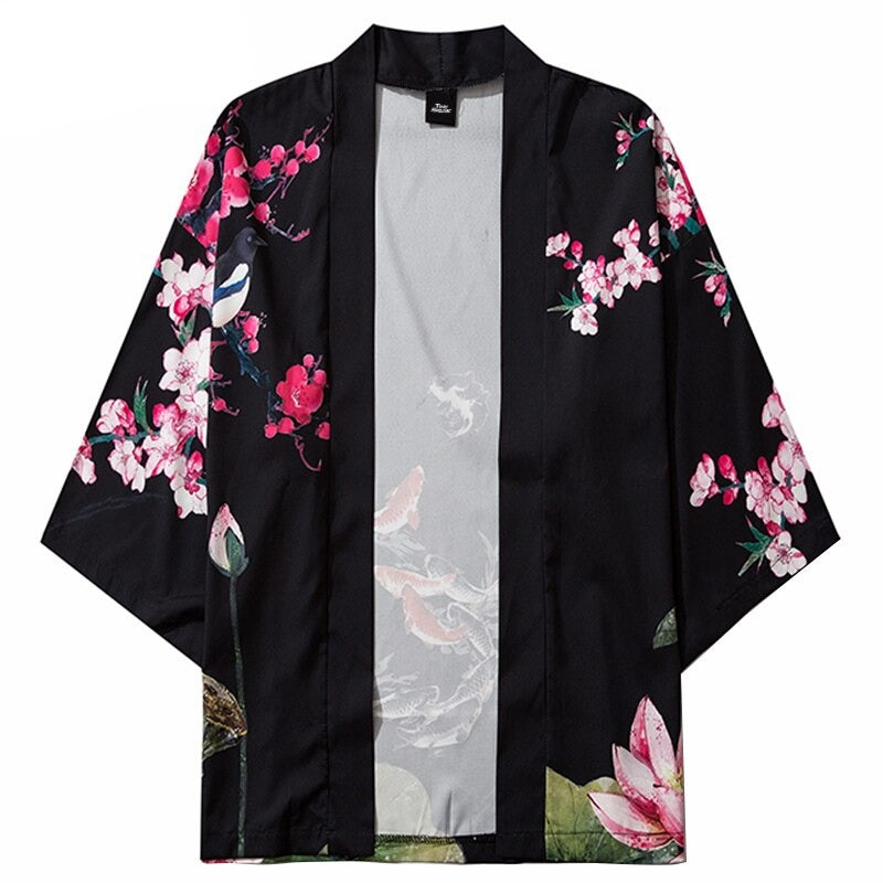 Kimono homme veste avec des fleurs de couleur noire