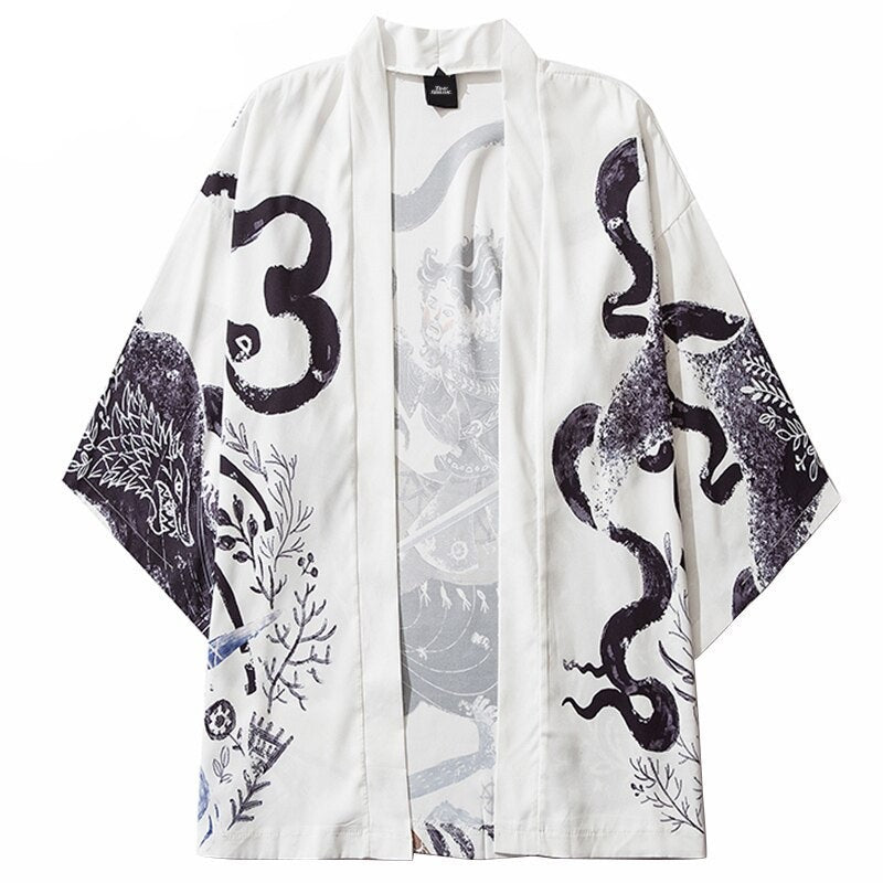 Veste kimono blanche avec une guerrière Japonaise