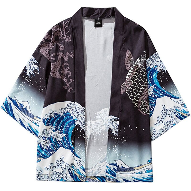 Veste kimono homme motif vague avec une carpe